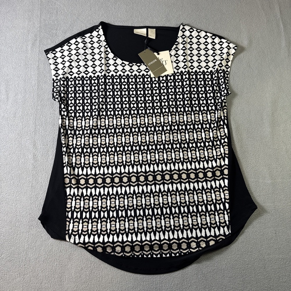 Womens Chicos Geometric Cap Sleeve Top Sz 0 (XS) B/W Beige Polyester Spandex